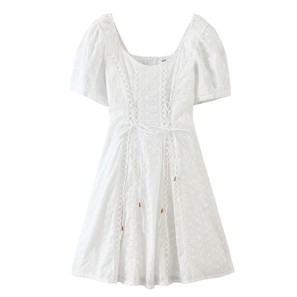 V Neck Crochet Eyelet LaceUp Boho Mini Dress White - Picture 5 of 11